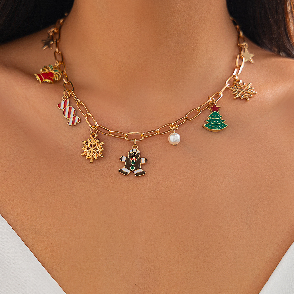 Bijoux de Noël mode cloche arbre de Noël collier lumière luxe style métal clavicule chaîne ensemble_voghion.com