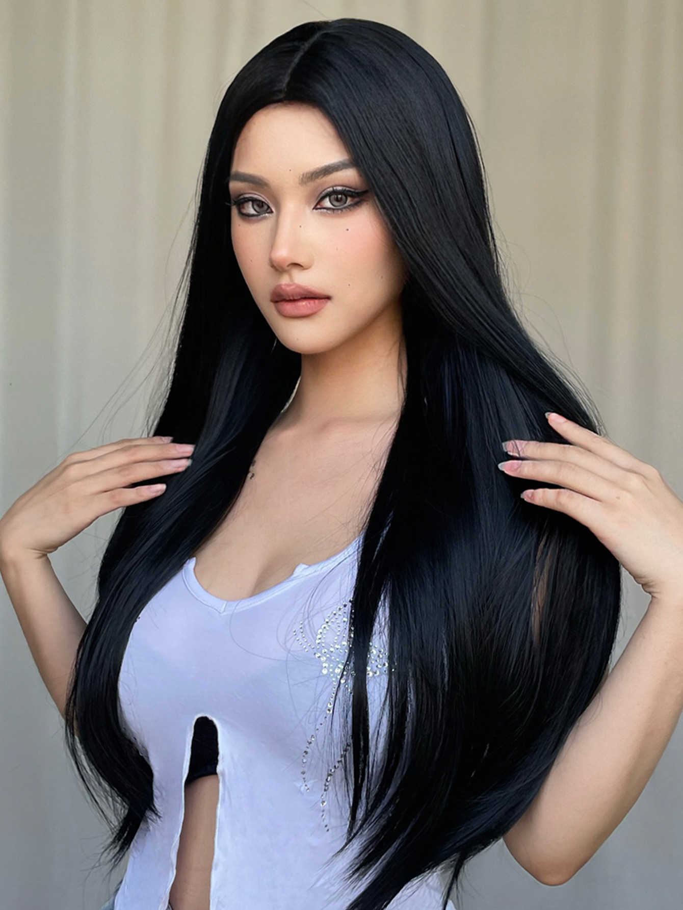 Peluca negra transfronteriza con raya al medio, cabello largo y liso, cobertura completa, suave y natural, red de rosas, pelucas en stock listas para envío del fabricante. image 7