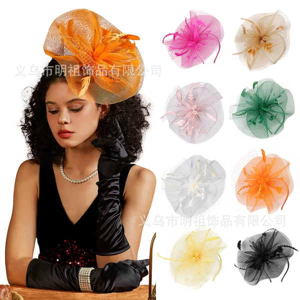 European and American New Style Horse Racing Festival Fashion High-End Feather Hair Accessories Aristocratic Ladies Bridal Party Mesh Hat Headdress