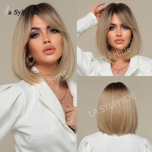 Amazon foreign trade export wholesale mechanism high temperature silk chemical fiber full head wig eight-character bangs yellow short straight hair