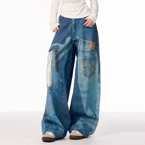 Spring and Autumn American Street Retro Design Patchwork Print Jeans for Men and Women Loose Straight Leg Wide Leg Pants