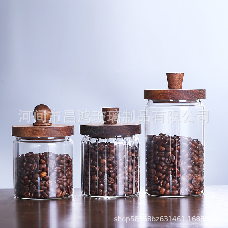 Transparent Glass Sealed Jar, Acacia Wood Glass Jar, Food-Grade Coffee Bean Storage Jar Set, Tea Canister