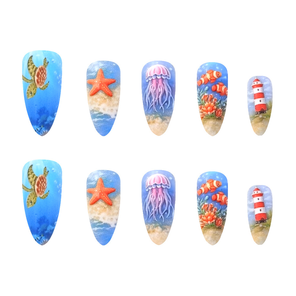 Transfronterizos de verano brisa oceánica desgaste uñas 3D estereoscópicas estrella de mar caliente 24 piezas de parche de uñas mezcla lotes image 5