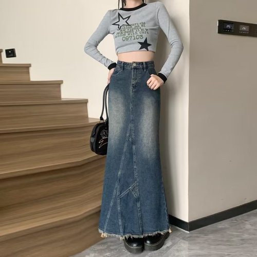 Niche hot girl design lotus leaf hip-hugging fishtail skirt for women 2023 autumn and winter new high-waist slit denim skirt