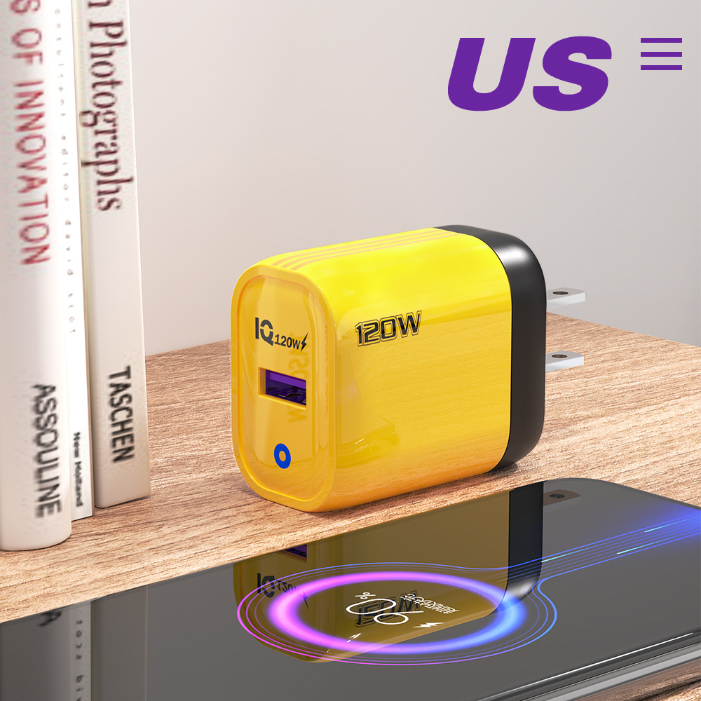 Cargador de protocolo completo USB único para teléfono móvil de 120W, cabezal de carga rápida estándar europeo y americano, puerto USB-A, adaptador para electrodomésticos pequeños