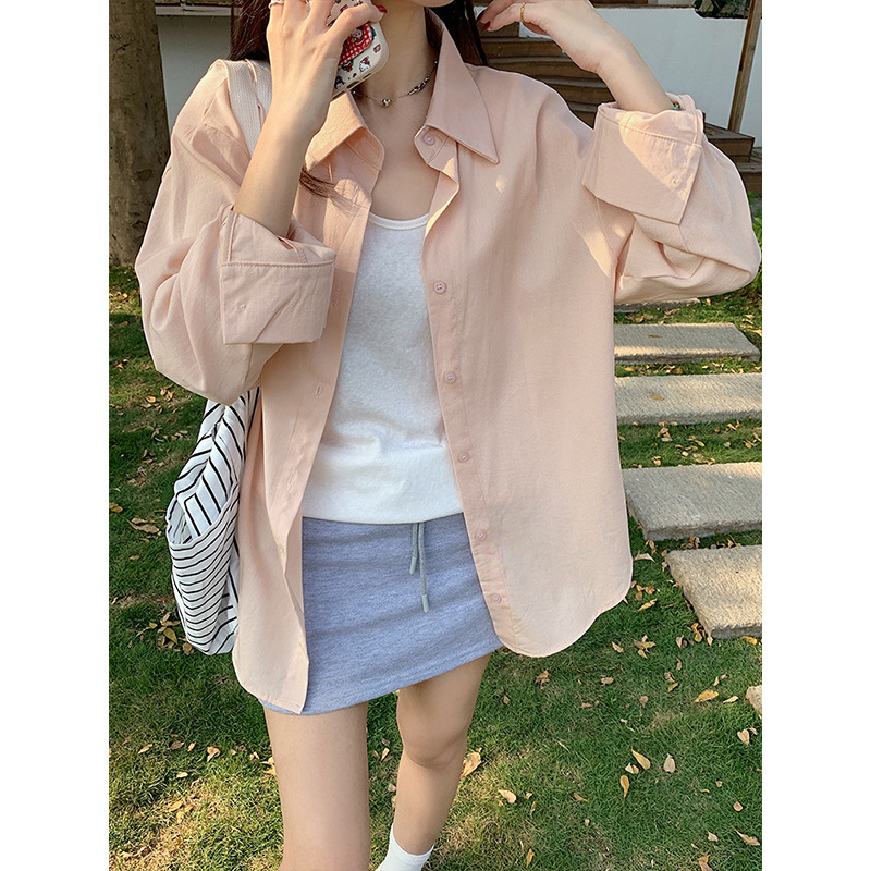 Pink Long-Sleeved Shirt for Women 2026 Spring and Summer New Korean Style Lazy Style Loose and Versatile Thin Cardigan Jacket Pink Long-Sleeved Shirt for Women 2026 Spring and Summer New Korean Style Lazy Style Loose and Versatile Thin Cardigan Jacket