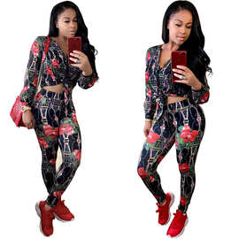 M641-0 亚马逊独立站爆款欧美时尚印花休闲长袖套装现货