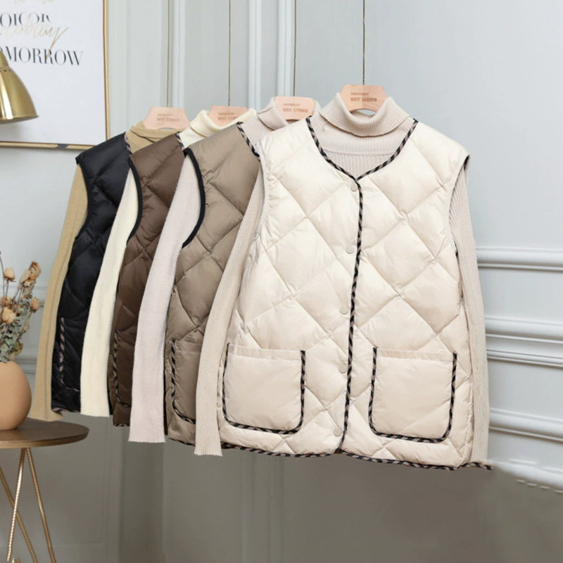 Трансграничный осенний и зимний новый тонкий пуховый жилет для женщин короткий небольшой аромат повседневный жилет с круглым вырезом из белой утки