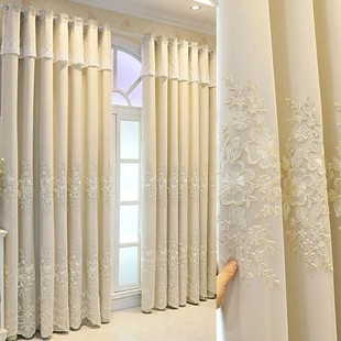 Modern Simple Nordic Thickened Fabric Embroidered Curtain Solid Color Full Shading Floor Curtain Living Room Bedroom Balcony Bay Window