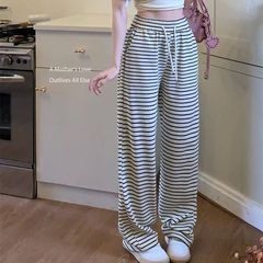 ギャルのストライプのひもの垂れ下がった感じのカジュアルなズボンの女性の夏の韓国版は地面のまっすぐな筒のズボンを引きずってゆったりとしています。