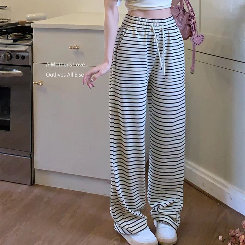Hot Girl Striped Drawstring Dagging Casual Pants Women's Summer Korean Style Straight Pants Loose High Waist Wide Leg Pants