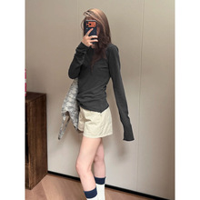 韩系氛围感黑色防晒长袖T恤女春秋季设计感修身薄款显瘦外穿上衣
