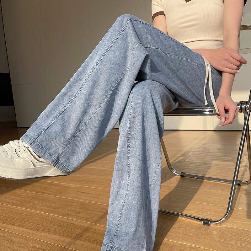 텐셀 청바지 여성용 여름 얇은 2024 새로운 바나나 바지 작은 높은 허리 스트레이트 아이스 실크 넓은 다리 바지