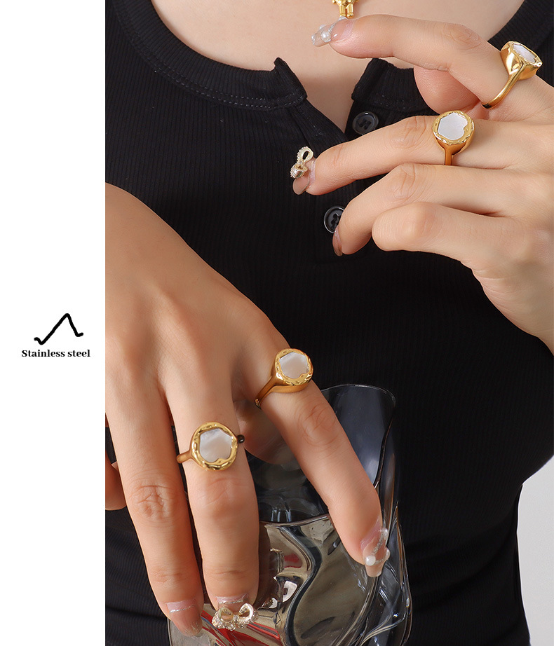 Retro Geometric Titanium Steel Plating Metal White Sea Shell Rings 1 Piece