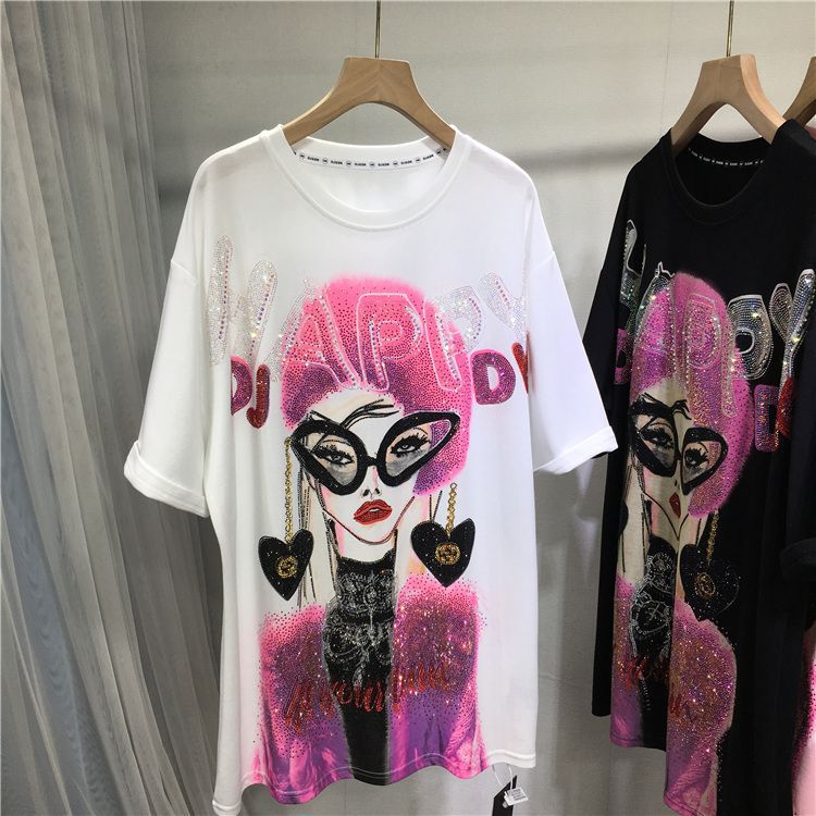 Gran tamaño de ropa de mujer 2 - 300 kg grasa mm estilo coreano de ropa de mujer tendencia europea gran tamaño de industria pesada impresión de diámetro caliente letras camiseta de manga corta