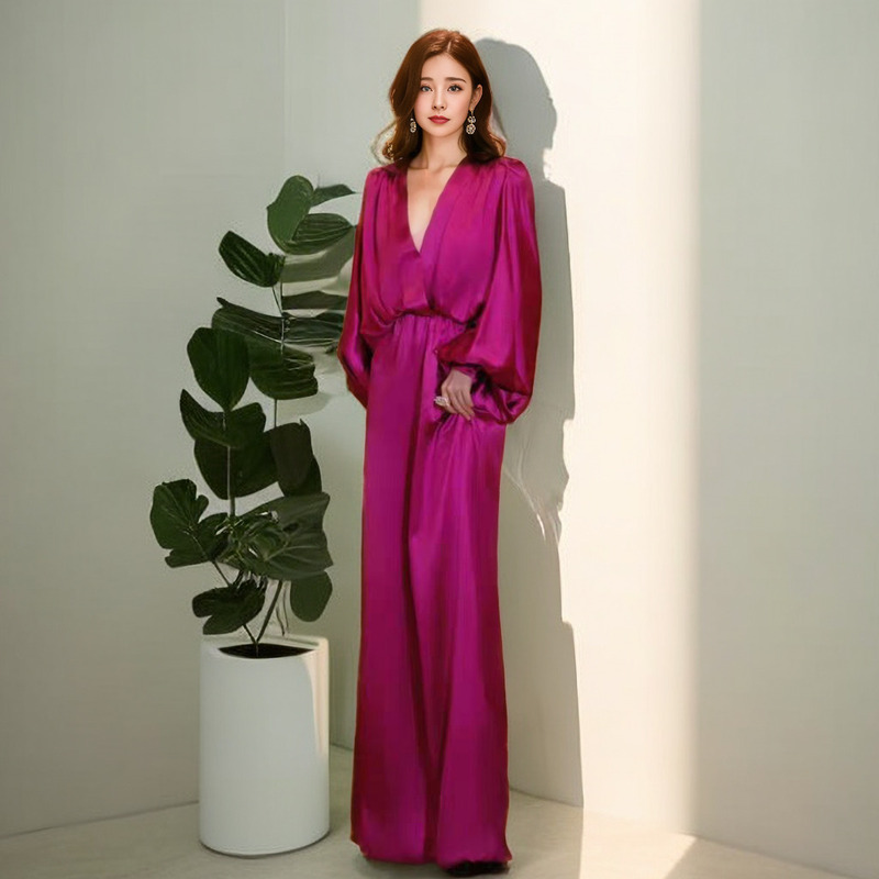 Celebrity Elegant Rose Red Satin Sexy Backless Lantern Sleeve Dress Spring & Fall New Women's Long Dress