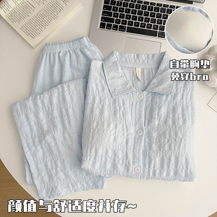 Estilo simple pijama de mujer con cojín de pecho primavera y otoño pantalones de manga larga cardigan color sólido conjunto de ropa de casa integral