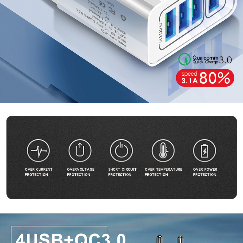 QC3.0 4USB fast mobile phone charger 4.1A multi port American European British standard travel adapter charging head_voghion.com