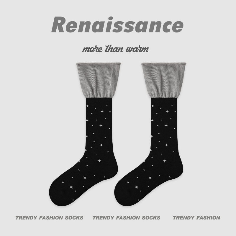 Renaissance秋冬新款中筒袜假两件堆堆袜拼色学院风ins潮袜子女|undefined