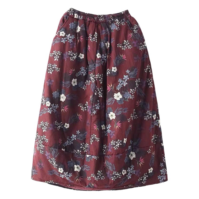 2023 Winter new cotton and linen printed thickened plus size skirt women's artistic retro elastic waist cotton and linen A- line skirt