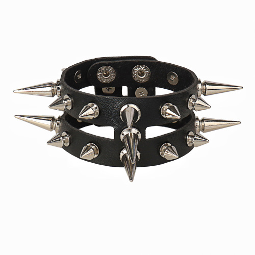European and American punk style Gothic double row hollow spike rivets personalized leather bracelet trendy cool leather bracelet bracelet
