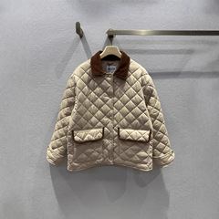 南油高端女装2025年秋冬Miu*新品撞色拼接翻领菱格纹棉服外套女