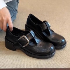 羊皮版~单鞋女复古高跟皮带扣镂空玛丽珍鞋学院风真皮粗跟小皮鞋