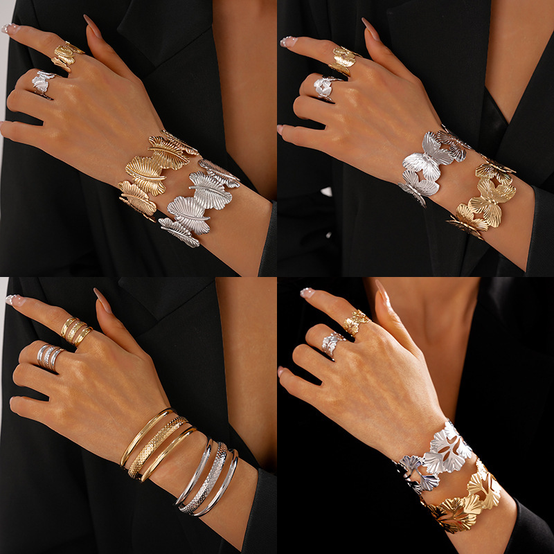 European and American Cross-border Hollow Butterfly Flower Bracelet Personalized Design Metal Style Bracelet Light Luxury High-end Bracelet suit