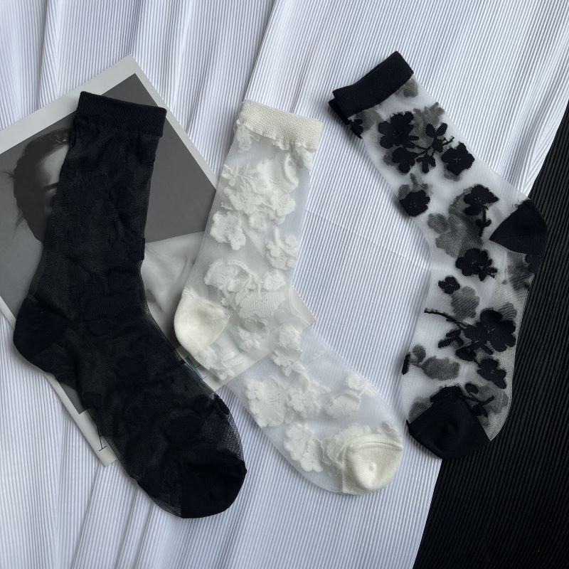 Flower jacquard ultra-thin transparent crystal stockings glass silk black and white flower stockings
