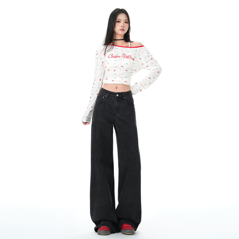 复古美式条纹阔腿牛仔裤女秋季新款宽松慵懒高腰直筒拖地裤潮|undefined