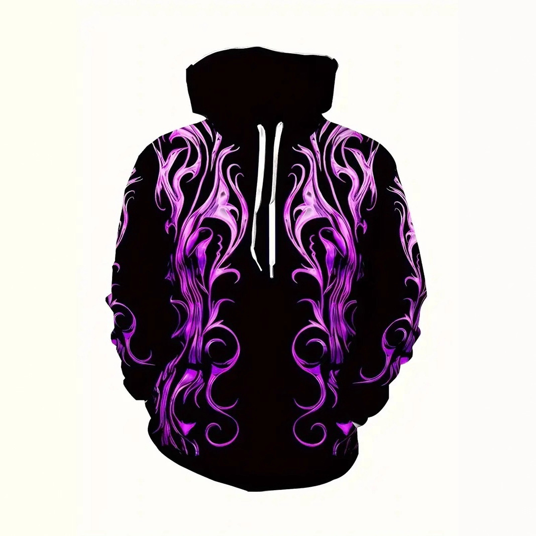 Pull à capuche 3D pour homme, imprimé numérique, motif éclair et flamme, manches longues._voghion.com