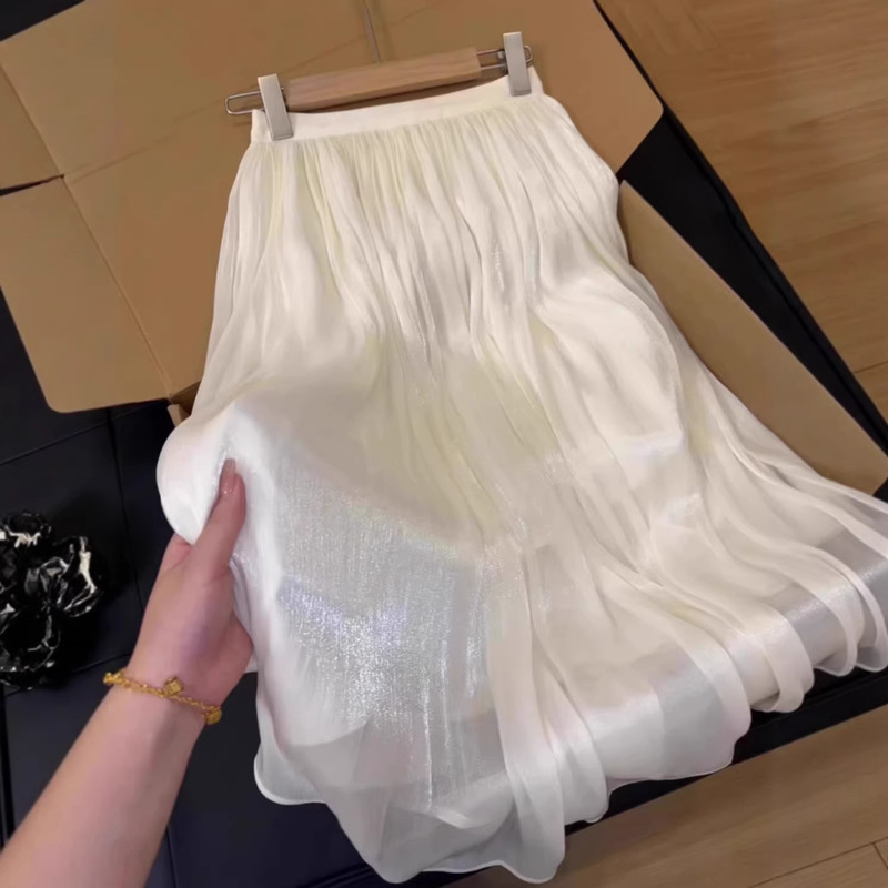 Flowing Gold Gauze Mid-Length Skirt 2026 Summer New High-Waisted A-Line Flowing Pearlescent Gauze Long Skirt A3777