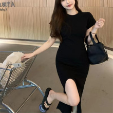 辣妹短袖T恤连衣裙女装夏季2025新款黑色开叉性感过膝中长款裙子