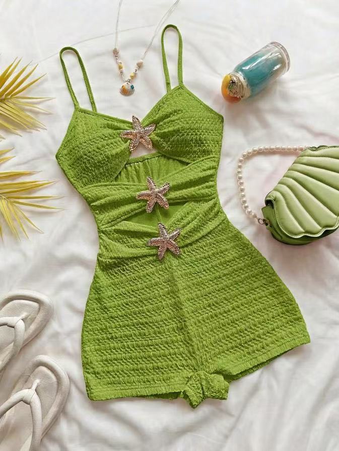 Textured Ruffle Strap One-Piece Swimsuit With Starfish Accent, Cutout Waist Design For Women's Vacation Hot Spring Wear_ecoleips.com