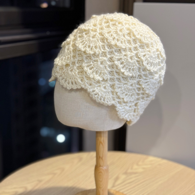 新款双层手工钩花套头帽子女秋冬韩版百搭保暖针织毛线帽包头帽潮|undefined