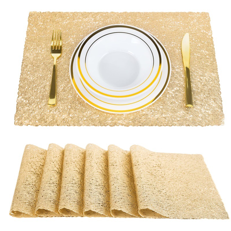 Dorado placemat PVC hueco wedding party Western table Mat mantel cuadrado impermeable placa estera montaña hotel al por mayor