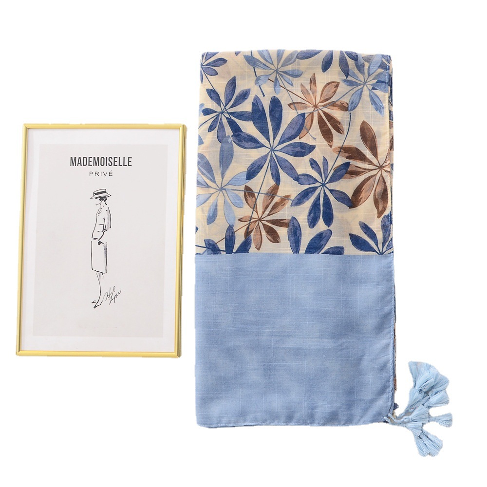 Elegante algodón fresco y lino sensación bufanda planta flor impresión borla decorativa bufanda de viaje protector solar chal bufanda