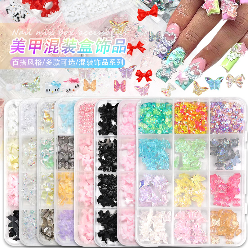 Explosión 3D aurora estereoscópica corbata de mariposa flores joyas de manicura resina roja red taladro plano accesorios de perlas semicirculares