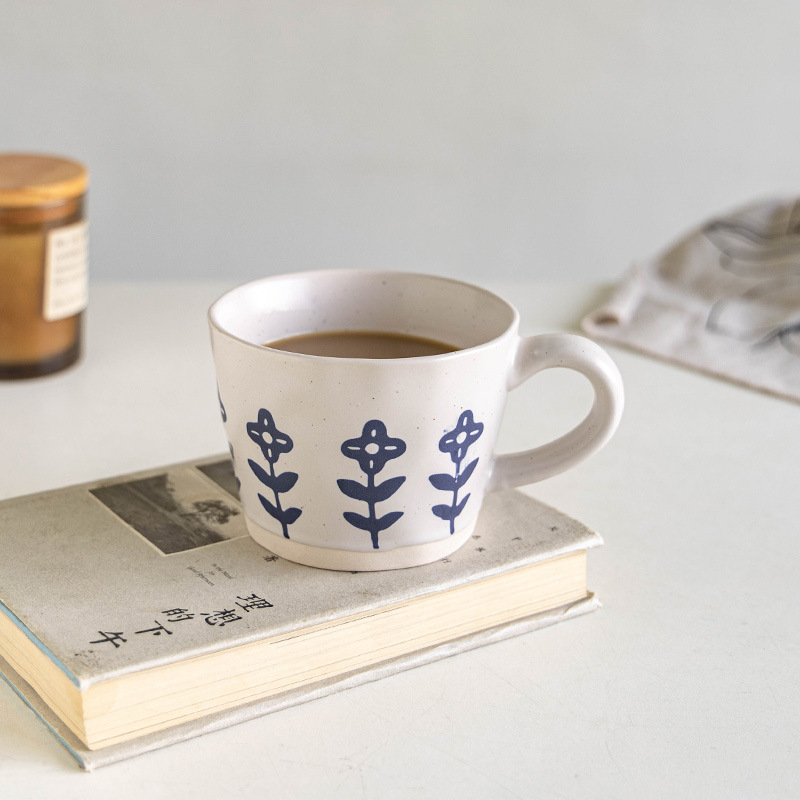 Hand-Painted Small Blue Flower Japanese-Style Coffee Latte Art Cup, Rustic Ceramic Office Water Cup, Oatmeal Breakfast Cup, Mug with Minor Imperfections Hand-Painted Small Blue Flower Japanese-Style Coffee Latte Art Cup, Rustic Ceramic Office Water Cup, Oatmeal Breakfast Cup, Mug with Minor Imperfections
