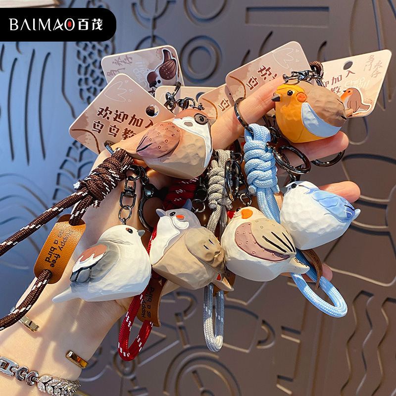 Baimao original wood carving wind bird bird teaching car key chain creative exquisite pearl bird resin doll bag pendant