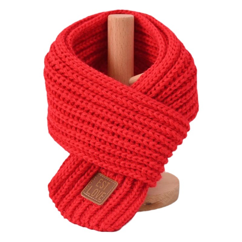 Korean Style Children's Leather Label Scarf, Winter Warm Knitted Scarf for Boys and Girls, Versatile and Cute Baby Neck Warmer