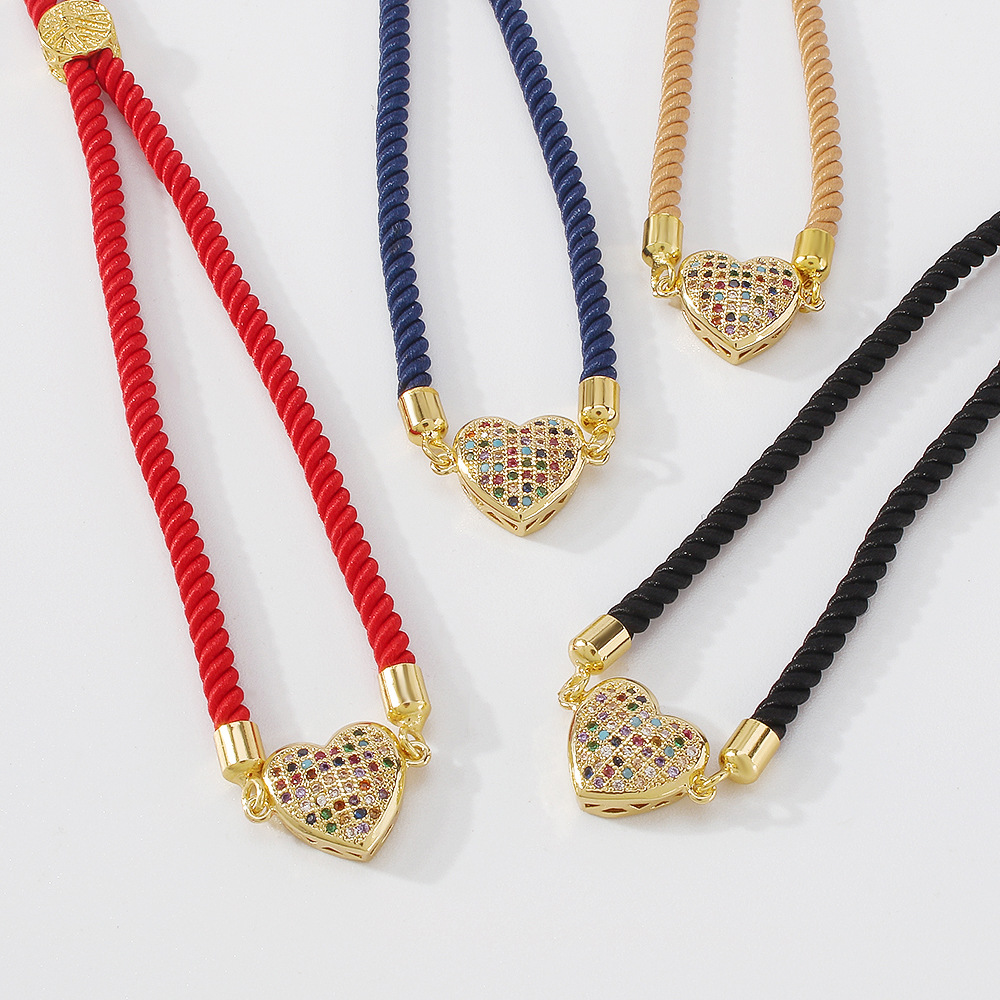 geometric heart copper inlaid zircon red rope bracelet