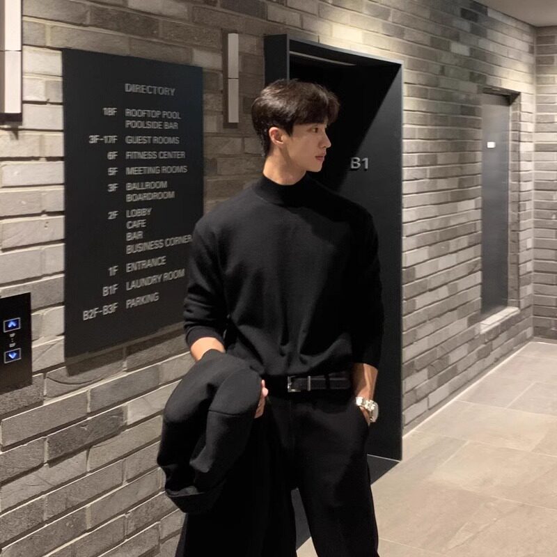 Half-Turtleneck Knit Sweater for Men, New Autumn and Winter Style, Suitable for Pairing with Coats and Suits, Long-Sleeve T-Shirt Top