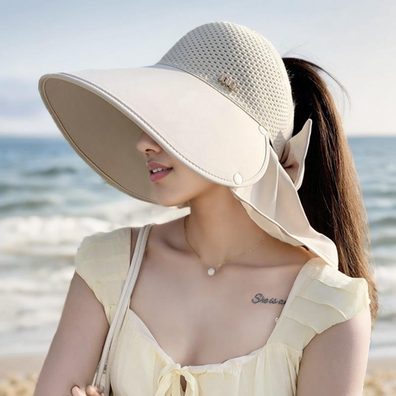 Nueva gorra de tejer super-gran gorra de protección solar de playa anti-UV sombrero de sombrero de protección solar de cuello desmontable
