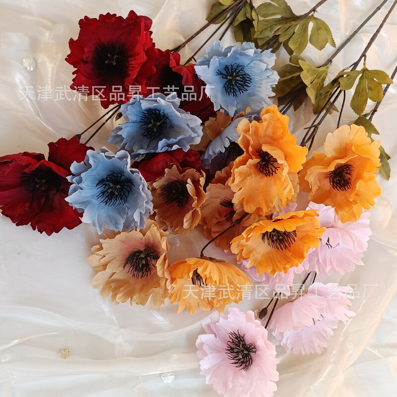 Simulation 4-head poppy wedding hall flower arrangement Yu Meiren dining table decoration shooting props fake flower wholesale foreign trade