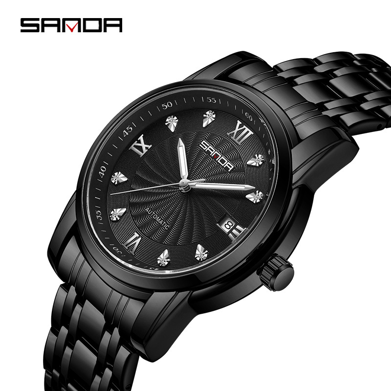 Sanda 7007 correa de acero para hombre reloj mecánico automático transparente inferior rhinestone moda manual reloj mecánico