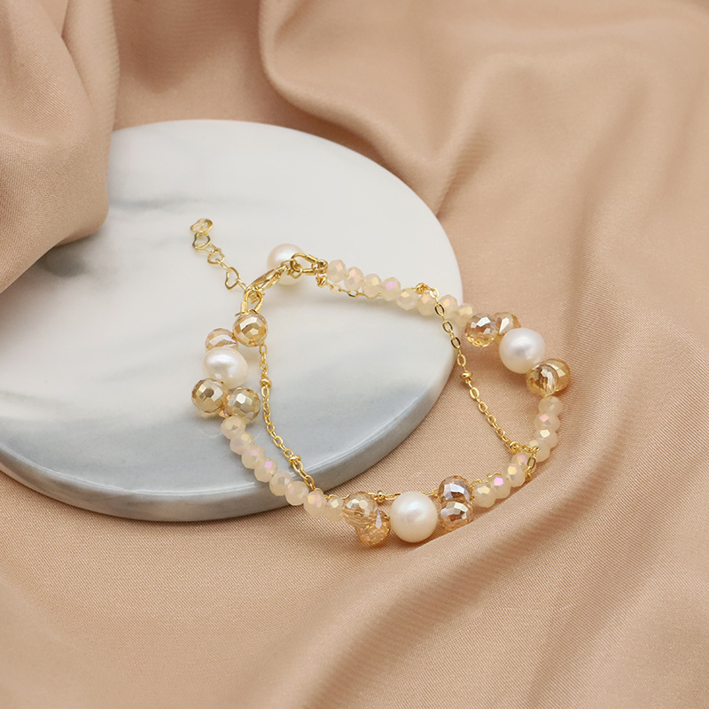 Pulseras de perlas de agua dulce naturales polvo de proteína de cristal simple temperamento polifacé pulseras de oro real de 18k joyas de pulseras galvanizadas