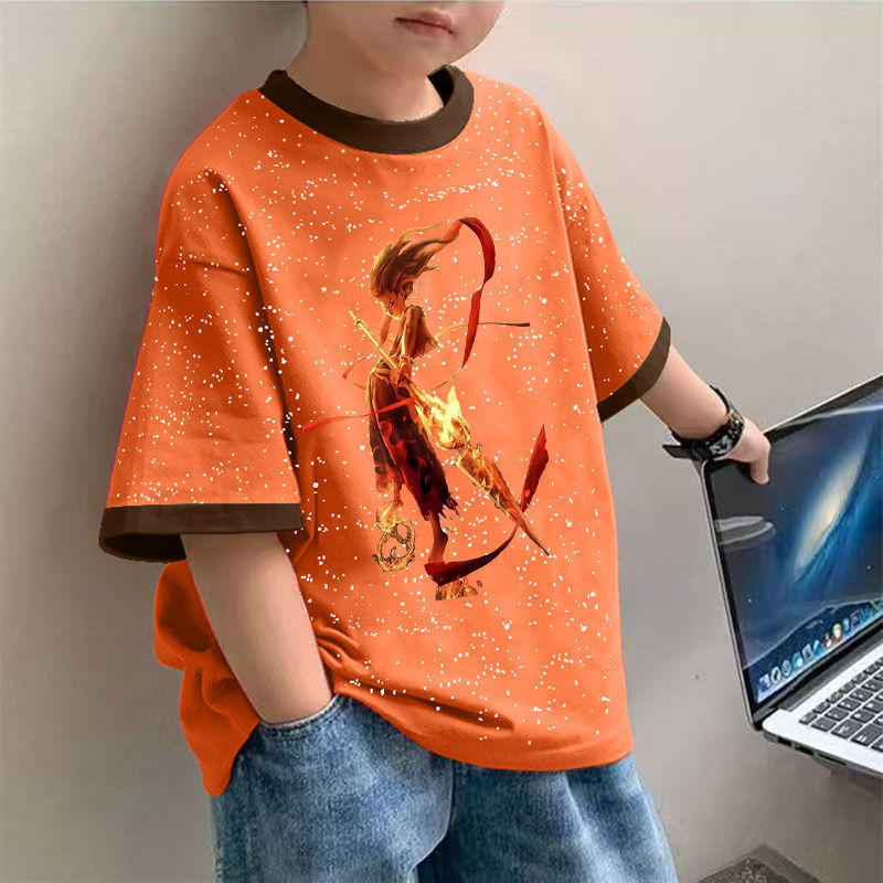 Nezha Children's Short-Sleeve New Pure Cotton Tie-Dye Short-Sleeve Summer Round Neck Cute Versatile Cartoon Top T-Shirt for Older Children
