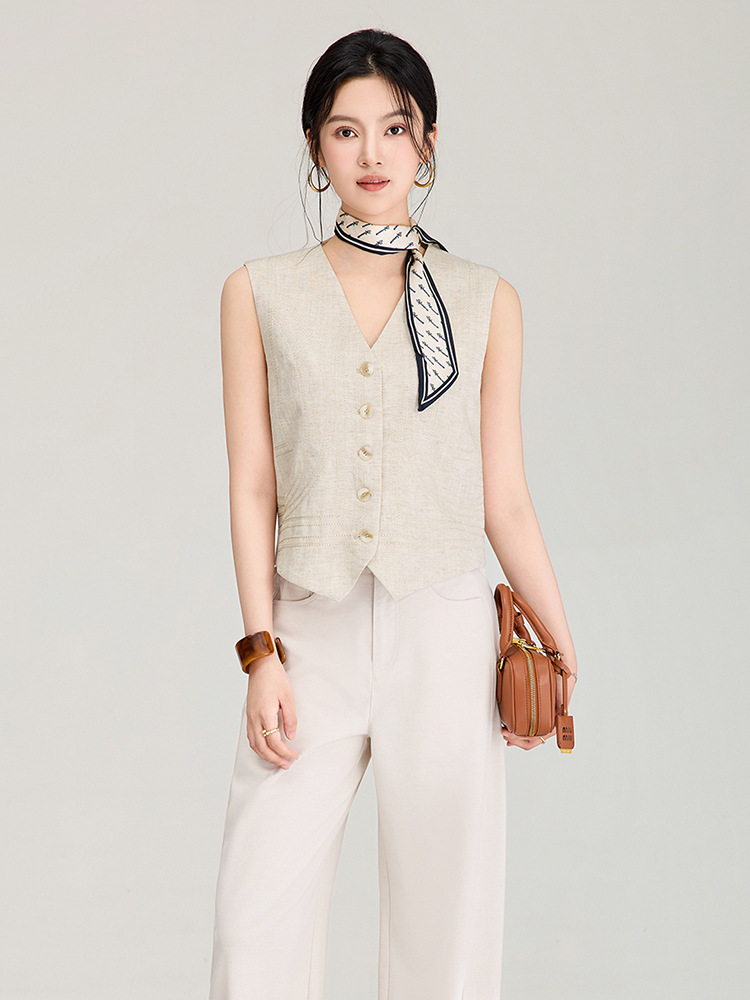 Áo khoác gile không tay cổ chữ V phối lớp phong cách cổ điển chất liệu vải lanh pha sợi Tencel — Màu cà phê