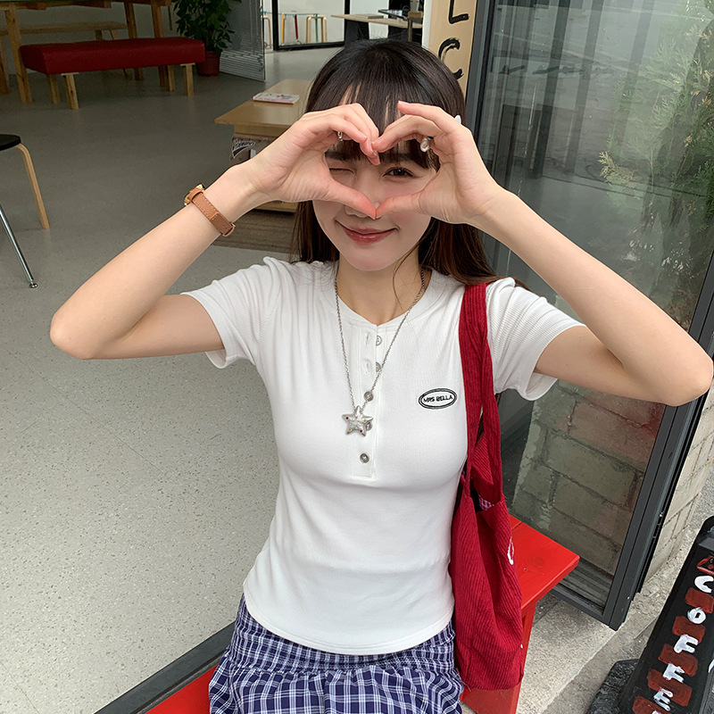 Real Shot # Right Shoulder Embroidered Short-Sleeved T-Shirt for Women 2025 Summer New Versatile Henry Collar Solid Color Shirt Top Real Shot # Right Shoulder Embroidered Short-Sleeved T-Shirt for Women 2025 Summer New Versatile Henry Collar Solid Color Shirt Top